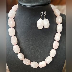 Natural Pink Rose Quartz Necklace and Earrings